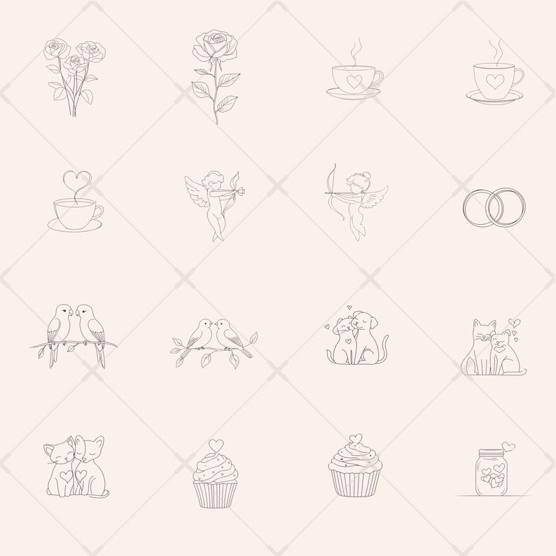 May include: A set of 12 black and white line drawings of romantic and love themed illustrations. The illustrations include roses, coffee cups, birds, cats, cupcakes, rings, and an angel with an arrow.
