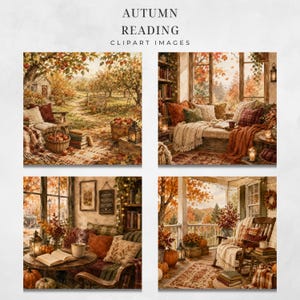 Watercolor Autumn Clipart Bundle, Cozy Reading PNG, Fall Library Clipart, Cottagecore and Cozy Autumn Graphics, Digital Papers image 7