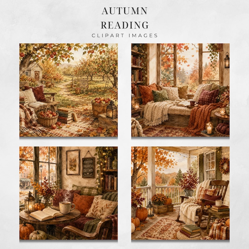 Watercolor Autumn Clipart Bundle, Cozy Reading PNG, Fall Library Clipart, Cottagecore and Cozy Autumn Graphics, Digital Papers image 7