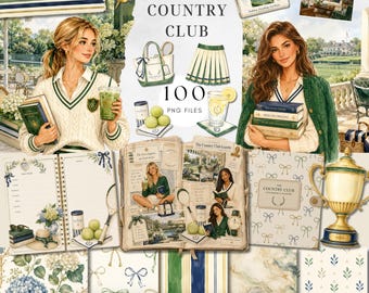 Country Club and Tennis Clipart Set and Seamless Patterns bundle, Digital Planner Stickers & Reading Aesthetic PNGs, Junkjournal Kit