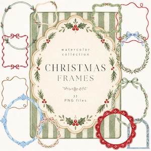 Pode incluir: Uma coleção de molduras de Natal em aquarela com várias formas e estilos, incluindo guirlandas com bagas vermelhas, folhagem verde e fitas. A etiqueta central exibe o texto watercolor collection CHRISTMAS FRAMES 35 PNG files.