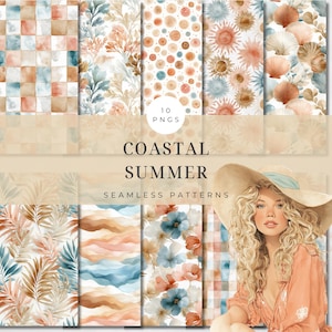 May include: A collection of ten seamless patterns with a coastal summer theme. The patterns feature watercolor designs of seashells, flowers, and abstract shapes in shades of blue, orange, and beige. The text "Coastal Summer" and "10 PNGS" are also visible.