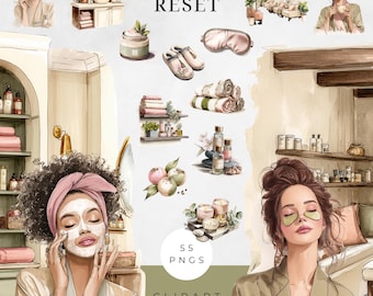 Watercolor Self Care Clipart Bundle | Skincare stickers | Pajama girl | Relaxation clipart and png images | Sublimation Design