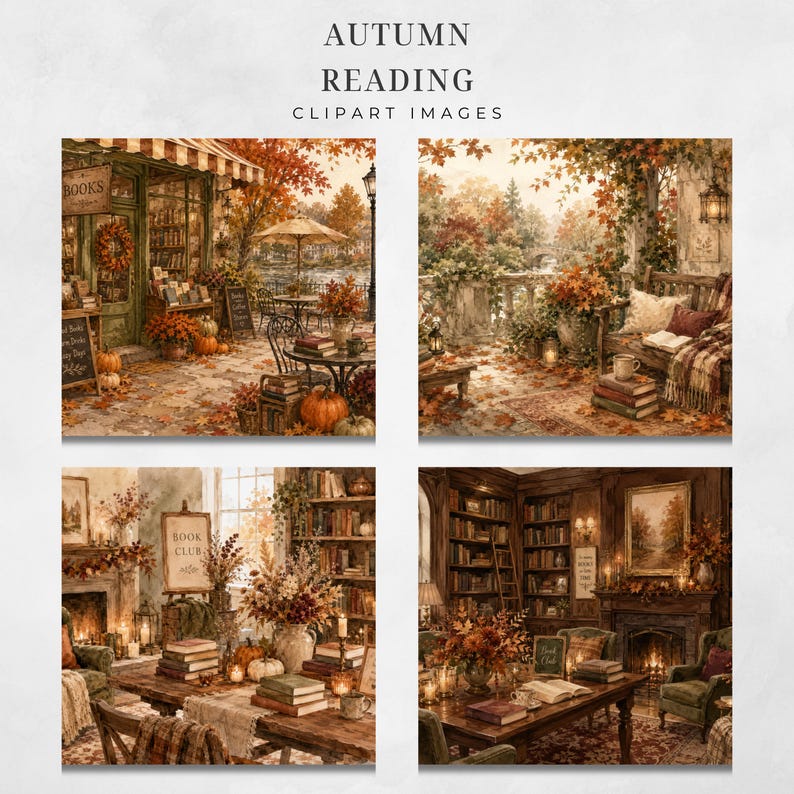May include: A collection of four digital illustrations titled AUTUMN READING CLIPART IMAGES. The scenes depict cozy book-themed settings with fall foliage, pumpkins, stacks of books, fireplaces, and warm lighting in various indoor and outdoor spaces.