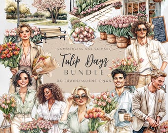 Watercolor Tulips Clipart, Spring City, Spring Florals, Cottagecore, Countryside Clipart, Spring PNG, Digital Spring Planner Stickers PNG