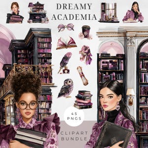 Pode incluir: Pacote de clip art digital com um tema de academia sonhadora. A imagem apresenta ilustrações de estantes, livros, uma coruja e mulheres em trajes roxos. O texto "DREAMY ACADEMIA" e "45 PNGS" também estão incluídos.