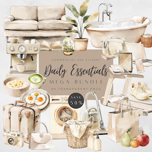 Méga lot de cliparts essentiels quotidiens esthétiques | Stickers et icônes beiges de la vie quotidienne | Clipart nourriture saine | Liste des tâches de nettoyage PNG