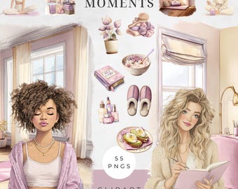 Watercolor Self Care Moments Digital Stickers Bundle, Skincare stickers | Pajama girl | Relaxation clipart and png images | Commercial use