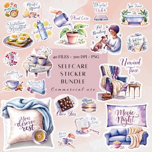 Pacchetto Clipart per la cura di sé con acquerello / Adesivi digitali per spa per il relax / PNG per l'affermazione sulla cura di sé / Grafica e icone per ragazza pianificatrice