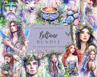 May include: A digital illustration set of 40 transparent PNG images featuring a whimsical, magical theme. The images depict a variety of characters and objects, including a deer, a butterfly, a cauldron, a forest spirit, and a woman with flowers in her hair. The images are perfect for creating invitations, cards, and other digital projects.