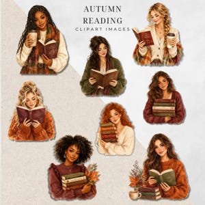 May include: A collection of digital illustrations titled AUTUMN READING CLIPART IMAGES featuring various individuals in cozy sweaters reading books, holding coffee cups, and surrounded by autumn-themed elements like fall leaves and stacks of books.