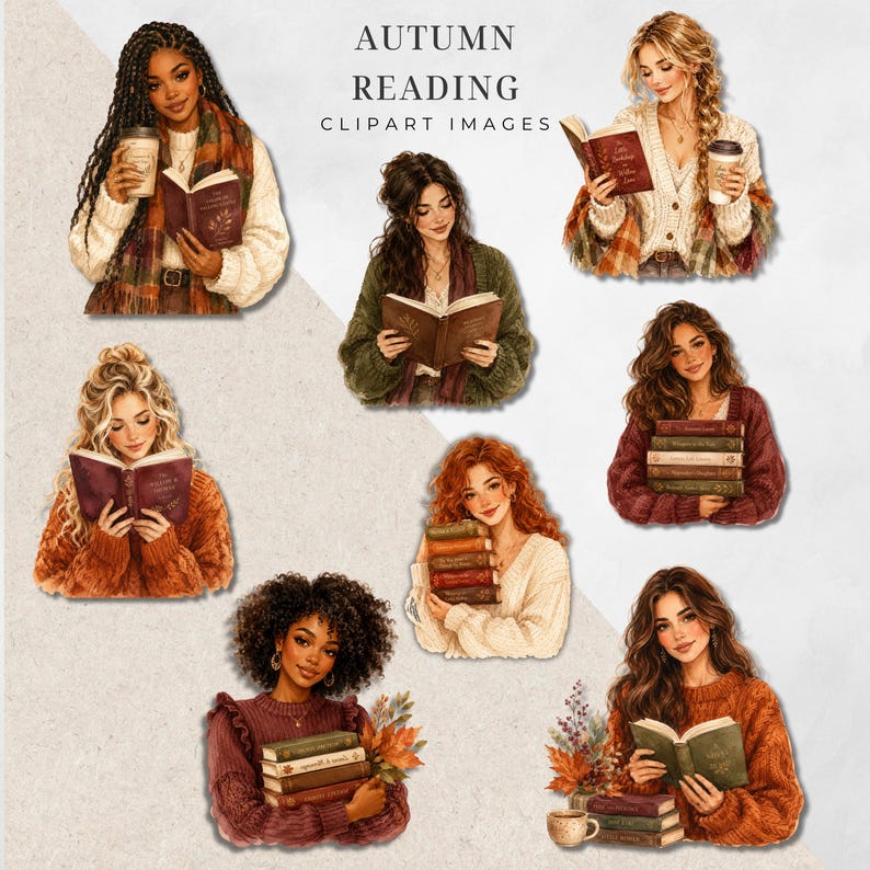 May include: A collection of digital illustrations titled AUTUMN READING CLIPART IMAGES featuring various individuals in cozy sweaters reading books, holding coffee cups, and surrounded by autumn-themed elements like fall leaves and stacks of books.