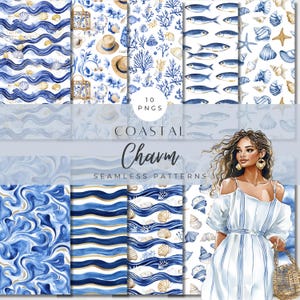 Motivi estivi costieri ad acquerello senza soluzione di continuità, clipart di spiaggia neutra, PNG beige boho nautico e sardine, arte marittima, carte digitali
