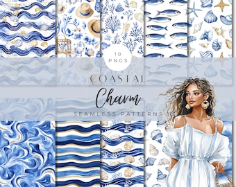 Watercolor Coastal Summer Seamless Patterns, Neutral Beach Clipart, Beige Boho Nautical and Sardine PNG, Maritime Art, Digital Papers