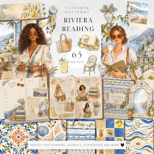 Op de afbeelding: Digitale kunstcollectie "Riviera Reading" met aquarel illustraties. De afbeelding toont vrouwen die lezen, citroenen, boeken en kustscènes. Bevat 65 PNG-bestanden, perfect voor planners, journals en scrapbooks.