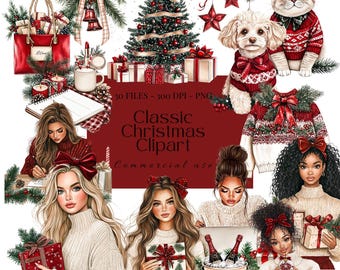 Rotes klassisches Weihnachtsclipart-Bundle | Gemütliche Winter PNGs für Scrapbooks, Junk Journals und Planner | Blush und Burgundy Designs