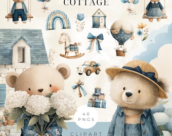 Aquarel blauwe teddybeer clipartbundel, jongen babyshower graphics, kinderkamer thema naadloze patronen, knuffel png, geslacht onthullen