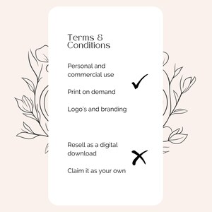 May include: Terms and conditions for using a digital design.  Personal and commercial use is allowed, as well as printing on demand.  Reselling the digital download and claiming the design as your own are not allowed.