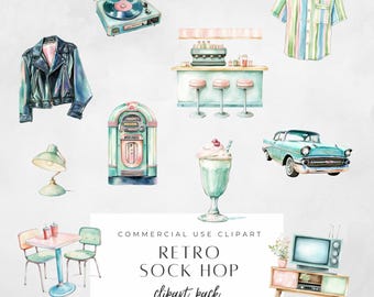 Sock Hop Clipart | Retro 50s Diner Graphics | Vintage Jukebox and Roller Skates | Watercolor Vintage Diner Graphics | Milkshake Graphics