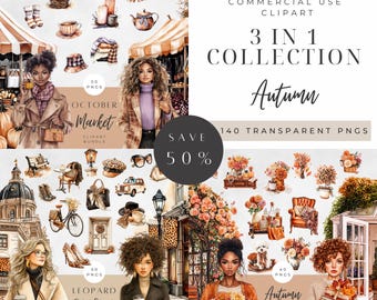 Paquete grande de imágenes prediseñadas de otoño en acuarela, gráficos PNG de otoño y calabazas, gráficos vintage, pegatinas digitales, scrapbooking, uso comercial.