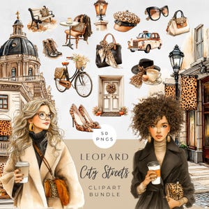 Peut inclure: Ensemble de cliparts aquarelle représentant des scènes de rues urbaines avec des imprimés léopard. Comprend des illustrations de vélo, talons hauts, sacs à main, taxi et femmes avec des tasses à café. Le texte indique "LEOPARD City Streets Clipart Bundle".