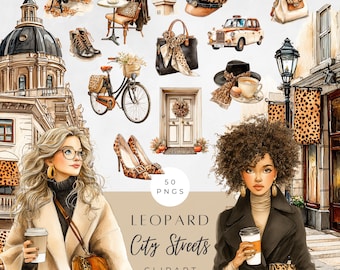 Paquete de imágenes prediseñadas de ciudad otoñal, colección de imágenes prediseñadas de otoño, gráficos de ciudad otoñal, leopardo de moda PNG, ilustración otoñal neutra, niña de calabaza otoñal