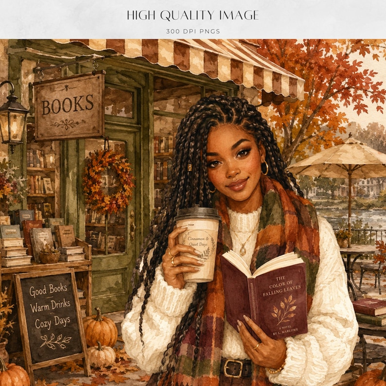 May include: A digital illustration of a person with long braided hair wearing a cream-colored sweater and a plaid scarf, holding a coffee cup and an open book titled The Color of Falling Leaves in front of a bookstore with a sign reading BOOKS.