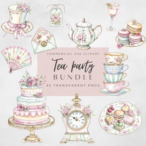 Afternoon tea-illustraties, vintage bloemen png, high tea-uitnodigingen, aquarel ontwerpen, digitale downloadset, laten we een beetje thee, stapel theekopje png