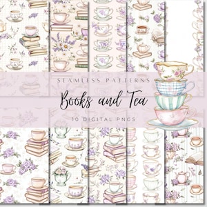 May include: Ten digital seamless patterns featuring watercolor illustrations of books, teacups, and floral elements. The patterns are in shades of pink, purple, blue, and green on a white background. The text "Seamless Patterns Books and Tea 10 Digital PNGs" is displayed in the center of the image.