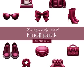 Op de afbeelding: Een set van 40 bordeauxrode emoji-pictogrammen, waaronder een koffiezetapparaat, een zonnebril, een strik, een leren jack, laarzen, sneakers, een macaron, een handtas, een sjaal en een fauteuil.  Bordeauxrood Emoji-pakket, 40 PNG-bestanden.