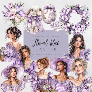 Pasen pastel clipart |  Aquarel cottage konijntjes | Paarse eieren, png PNGEgg | Tulpen lente bloemen scrapbooking projecten | Toile lila clipart