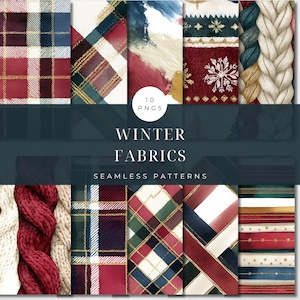 May include: A collection of ten winter-themed seamless fabric patterns. The designs include plaid, knitted textures, and abstract art in shades of red, blue, gold, and cream. The text "Winter Fabrics" and "Seamless Patterns" are displayed.
