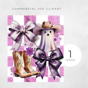 May include: Watercolor illustration featuring a cartoon ghost wearing a cowboy hat and boots, surrounded by purple bows and flowers. The background is a pink and white checkered pattern. Text at the top reads "COMMERCIAL USE CLIPART".
