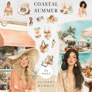 Può includere: Pacchetto di clipart ad acquerello con tema estivo costiero. L'immagine presenta illustrazioni di accessori da spiaggia, costumi da bagno, cocktail e donne. Il testo include "Coastal Summer", "50 PNGS" e "Clipart Bundle".