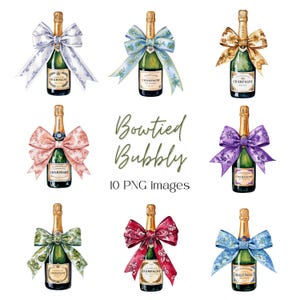 Champagne and Bows Clipart | Toile Champagne and Prosecco PNG | Floral Champagne | Bridal Shower | Wedding PNG | Watercolor champagne