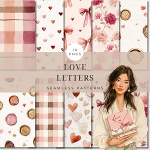 May include: A digital art collection of seamless patterns with a romantic theme. The patterns feature hearts, bows, floral designs, and wax seals in shades of pink, red, and gold. The text "Love Letters" is displayed.