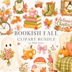 May include: A digital clipart collection featuring watercolour illustrations of autumn themes including a ghost, pumpkins, books labelled Autumn Leaves, Pumpkin Stories, and Cozy Chapters, mugs of hot cocoa, green boots, and a bicycle with a basket.
