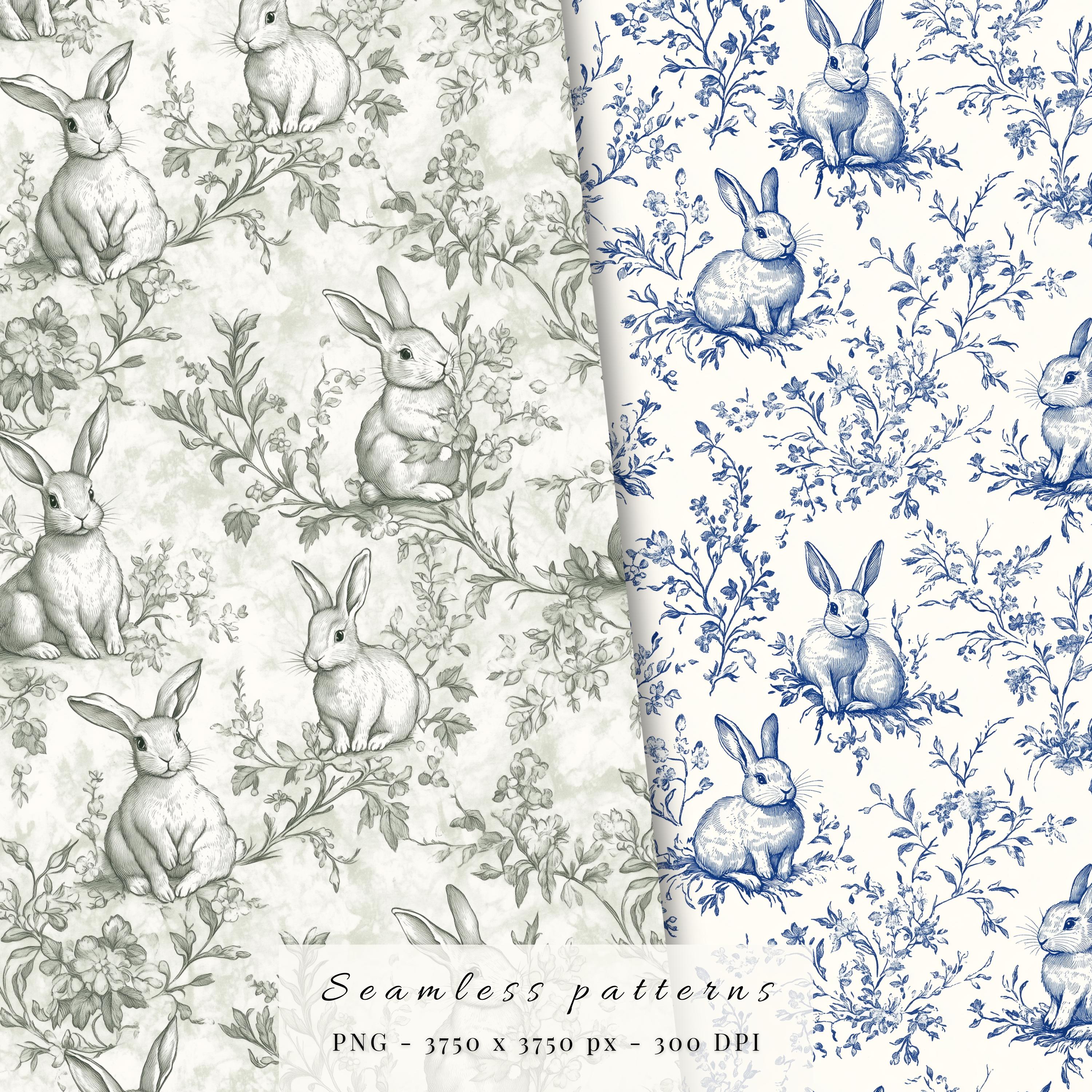 Vintage Pink Easter Pattern, Blue Toile Seamless Pattern PNG, Bunny ...