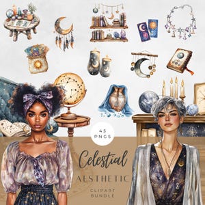 Watercolor Celestial Aesthetic Clipart Bundle, Spiritual Clip Art, Sun, Star, Moon, PNG, Digital Stickers, Commercial Use