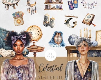 Aquarell himmlisch ästhetische Clipart Bundle, spirituelle Clip Art, Sonne, Stern, Mond, PNG, digitale Aufkleber, kommerzielle Nutzung