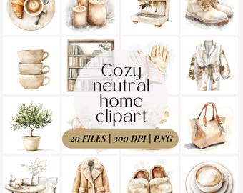 Cozy Home Clipart Set | Neutral Watercolor Illustrations for a Warm Aesthetic | Chic Coffee Lover Clipart Bundle | Neutral interior bundle