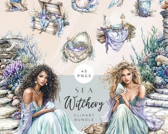 Watercolor Sea Witch Clipart | Ocean Godess | Marine graphics | Mythology and Magical clipart | Sea WitchCraft PNG | Seashell Clipart