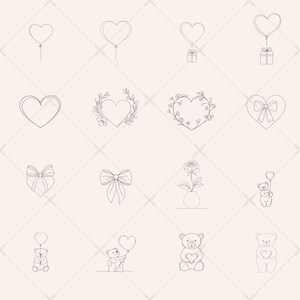 May include: A set of 12 black and white line drawings of hearts with different designs. The designs include hearts with bows, hearts with flowers, hearts with balloons, hearts with teddy bears, and hearts with roses.