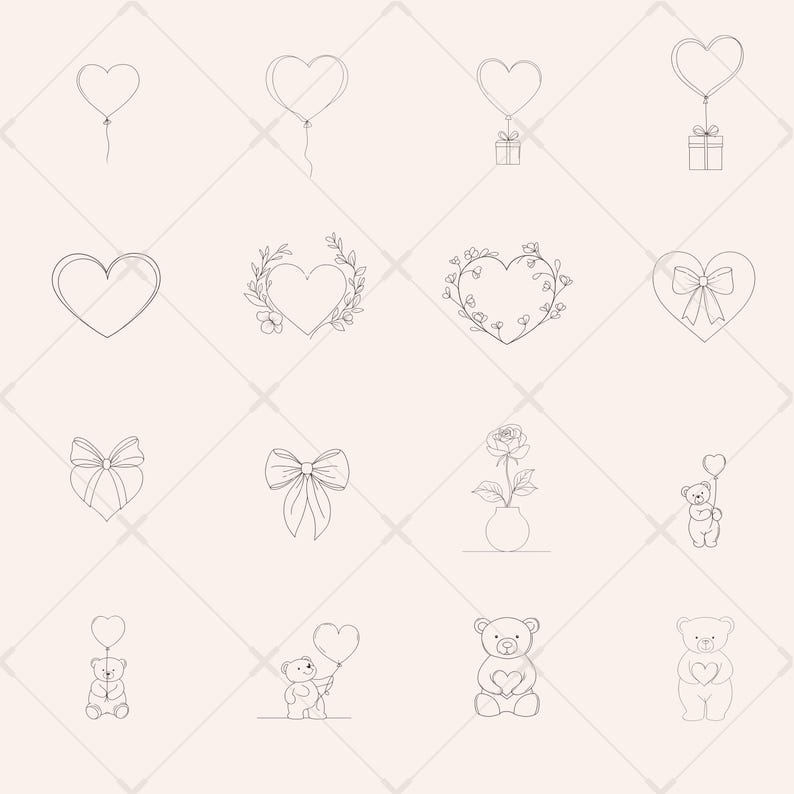 May include: A set of 12 black and white line drawings of hearts with different designs. The designs include hearts with bows, hearts with flowers, hearts with balloons, hearts with teddy bears, and hearts with roses.