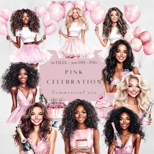 Clipart célébration d'anniversaire rose | Anniversaire dames et filles png | Clipart cupcake aquarelle | Belle conception de cartes roses | Clipart ballons