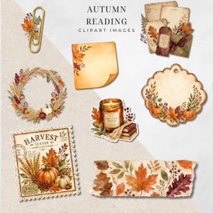 May include: A collection of autumn-themed digital clipart images featuring a gold paperclip, a wreath of wheat and pumpkins, a postage stamp labeled Harvest Season, a candle, a scalloped tag, and various paper elements with fall foliage.