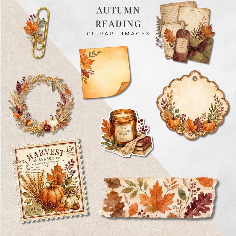 May include: A collection of autumn-themed digital clipart images featuring a gold paperclip, a wreath of wheat and pumpkins, a postage stamp labeled Harvest Season, a candle, a scalloped tag, and various paper elements with fall foliage.