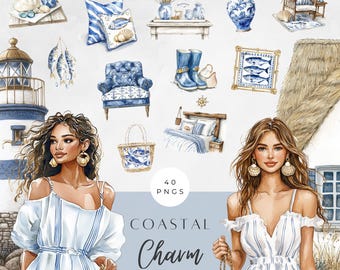 Watercolor Coastal Summer Clipart, Neutral Beach Clipart, Beige Boho Nautical PNG, Vacation, Digital Stickers, Scrapbooking, Commercial Use