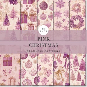 Puede incluir: Una colección de diez patrones navideños rosas sin costuras. Los patrones presentan ilustraciones de acuarela de adornos, cajas de regalo, copos de nieve, lazos y árboles de Navidad. Se muestra el texto "Pink Christmas" y "Seamless Patterns".