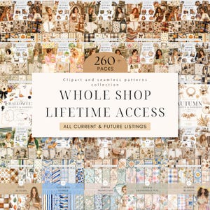 May include: A digital collection of 260+ packs featuring clipart and seamless patterns with lifetime access to all current and future listings. The display includes various themes like autumn reading, floral grandmillennial, and santorini stories.